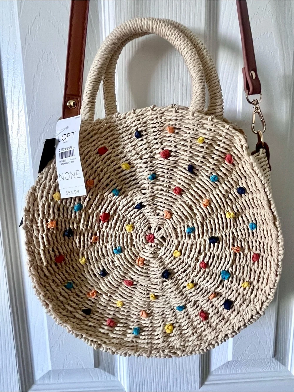 LOFT Woven Round Straw Tote Bag with Colorful 3D Dots - Detachable Strap -  NWT